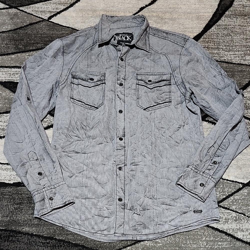 BUCKLE BLACK SNAP-BUTTON ATHLETIC-FIT MINERAL-WASH CONTRAST LONG-SLEEVE SHIRT
